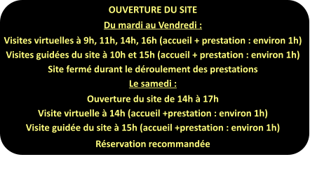 OUVERTURE DU SITE  Du mardi au Vendredi : Visites virtuelles à 9h, 11h, 14h, 16h (accueil + prestation : environ 1h) Visites guidées du site à 10h et 15h (accueil + prestation : environ 1h) Site fermé durant le déroulement des prestations Le samedi : Ouverture du site de 14h à 17h Visite virtuelle à 14h (accueil +prestation : environ 1h) Visite guidée du site à 15h (accueil +prestation : environ 1h) Réservation recommandée