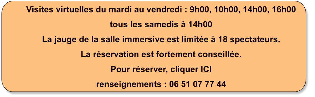Visites virtuelles du mardi au vendredi : 9h00, 10h00, 14h00, 16h00 tous les samedis à 14h00 La jauge de la salle immersive est limitée à 18 spectateurs. La réservation est fortement conseillée. Pour réserver, cliquer ICI renseignements : 06 51 07 77 44