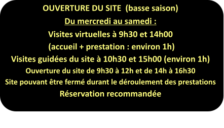OUVERTURE DU SITE  (basse saison) Du mercredi au samedi : Visites virtuelles à 9h30 et 14h00  (accueil + prestation : environ 1h) Visites guidées du site à 10h30 et 15h00 (environ 1h) Ouverture du site de 9h30 à 12h et de 14h à 16h30 Site pouvant être fermé durant le déroulement des prestations Réservation recommandée