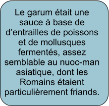 Le garum était une sauce à base de d’entrailles de poissons et de mollusques fermentés, assez semblable au nuoc-man asiatique, dont les Romains étaient particulièrement friands.
