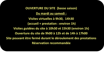 OUVERTURE DU SITE  (basse saison) Du mardi au samedi : Visites virtuelles à 9h30,  14h30  (accueil + prestation : environ 1h) Visites guidées du site à 10h30 et 15h30 (environ 1h) Ouverture du site de 9h00 à 12h et de 14h à 17h00 Site pouvant être fermé durant le déroulement des prestations Réservation recommandée